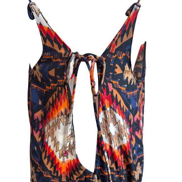 Zara Large Bohemian Beach Maxi Dress Deep V-Neck Aztec Print Tie-Back Sleeveless - Picture 6 of 12